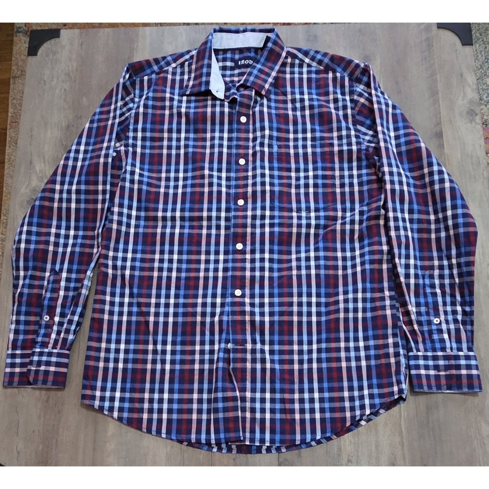 Izod Blue & Red Checkered Long Sleeve Button Up Shirt Men M